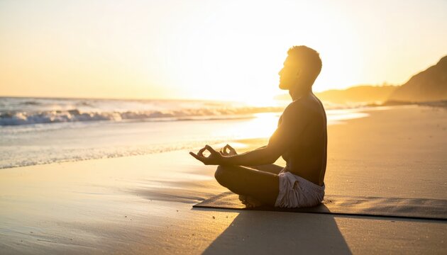 Young man meditating in lotus pose on beach during sunset. Mindfulness exercise for relaxation and stress relief