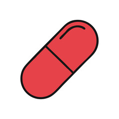 Red Capsule Medication Icon. Vibrant scarlet medicine depicted in a simple graphic, representing health, treatment, and pharmaceutical care. This single dose conveys wellness.