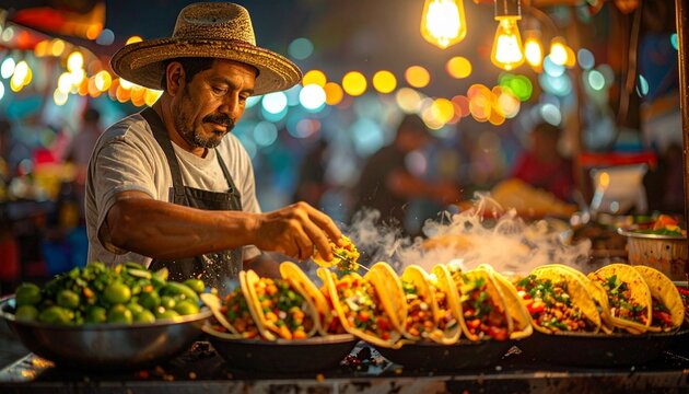 Traditional ingredients spices bustling night market Mexico City, street food vendor preparing authentic tacos