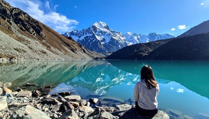 Woman watching mountain reflection on sunny day. Calm and peaceful moment