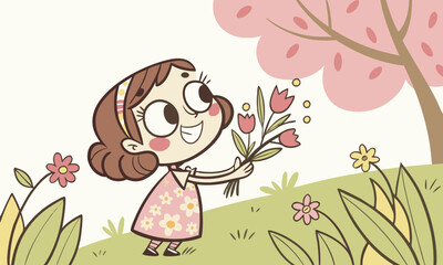 Playful Girl Surrounded by flowers