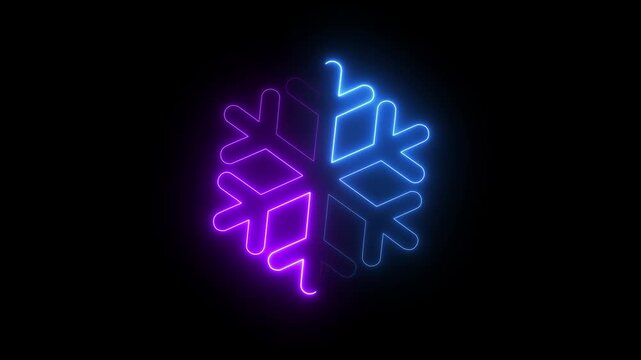 Snowflake icon on black background, Weather Animated neon snowflake symbol icon .Glowing neon snowflake icon animation with flickering light effects . 4k motion graphics video icon .