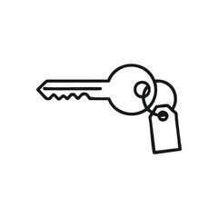 Secure Access Key Outline. A minimalist illustration of a metal unlocking device with an attached blank identifier tag. Represents solutions, freedom, and opening new opportunities.