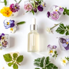 Floral beauty serum on white background