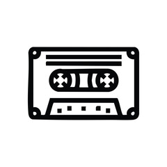Retro Audio Cassette Icon. Minimalist black outline of an analog music recorder, evoking nostalgia for classic sound and vintage technology.