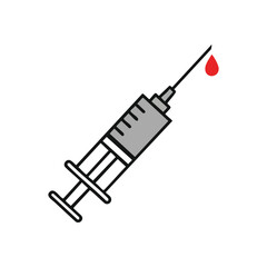 Syringe Blood Drop Icon. A graphic depiction of an injection device with a crimson fluid droplet, representing health care, diagnostic testing, or vital donation.