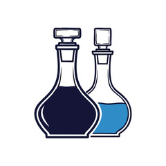 Elegant Liquid Decanters Vector. This minimalist artwork presents two distinct glass vessels containing contrasting shades of blue fluid, conveying concepts of choice, balance, or duality.