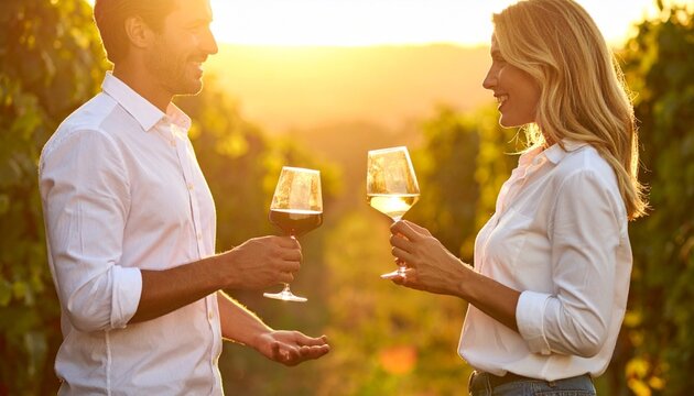 Explaining terroir vintage characteristics during sunset golden hour, wine tasting experience vineyard estate sommelier