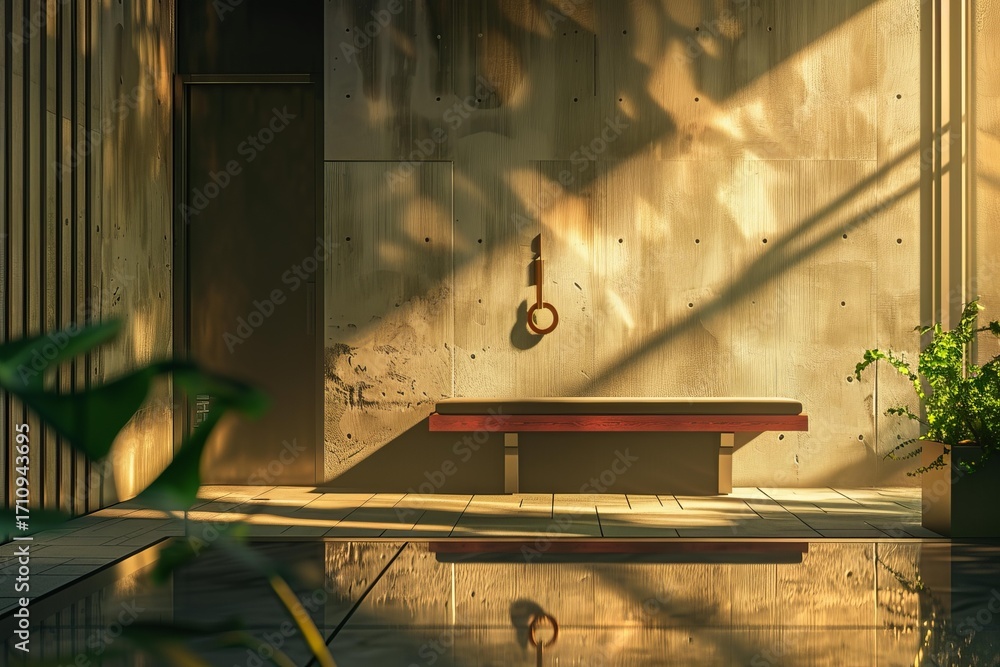 Poster sunlight streaming through a window illuminating a modern minimalist home interior with a bench and 