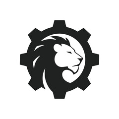 Powerful Lion Gear Emblem. Bold feline silhouette framed by a mechanical cog, signifying strength, industrial innovation, and strategic leadership. Ideal for robust solutions.