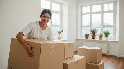 Moving with professionals. Young woman smiling while carrying moving boxes in bright room