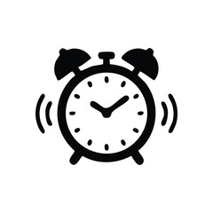 Alarm Clock Ringing Icon. A minimalist black silhouette depicts an awakening timepiece. This graphic conveys urgency, morning alerts, deadlines, and important reminders.