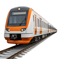 Obraz premium Modern orange and white passenger train speeding along railway tracks on a black background