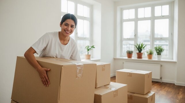 Moving with professionals. Young woman smiling while carrying moving boxes in bright room - Powered by Adobe