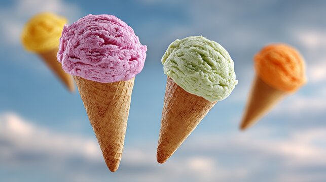 A close up of four ice cream cones with different flavors. The cones are flying through the air, giving the impression of a fun and playful scene - Powered by Adobe
