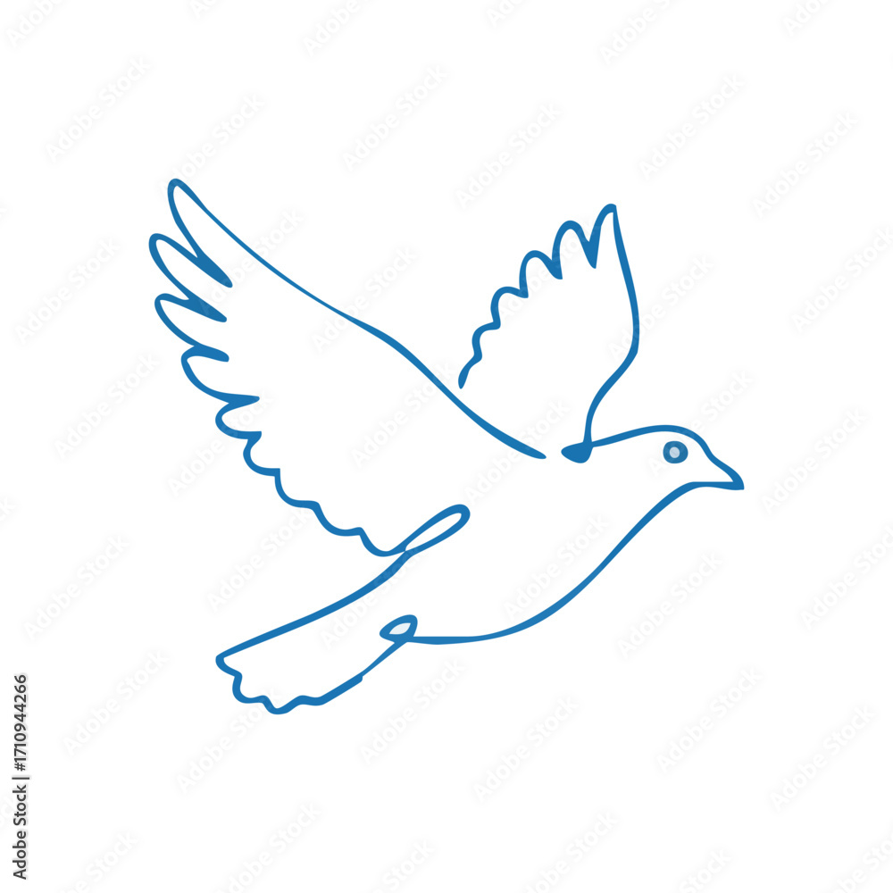 Poster blue dove minimalist line art. elegant continuous sketch of a bird in motion, embodying serenity and