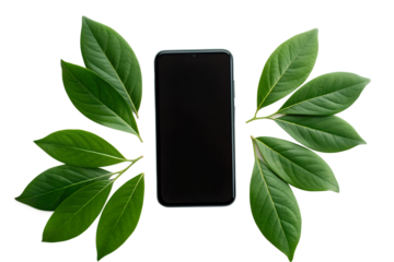 Modern black smartphone placed centrally surrounded by vibrant green leaves against a stark black background
