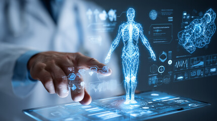 Photorealistic Diverse Healthcare Team with AI Hologram – Modern Hospital Inspirational Scene