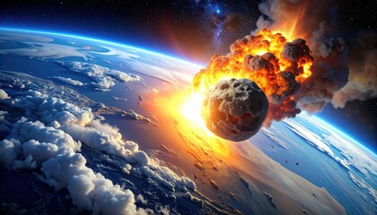 Asteroid impact on Earth with big explosion in the atmosphere in outer space. Apocalypse, end of the world