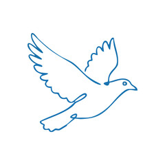 Blue Dove Minimalist Line Art. Elegant continuous sketch of a bird in motion, embodying serenity and aspiration. A symbol of peace and hope.