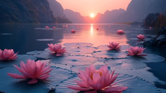 Beautiful Lotus Flowers and Lily Pads Floating on Calm Water at Sunrise or Sunset in a Mountainous Landscape, Representing Tranquility, Serenity, and Asian Scenery. seamless looping time-lapse 4k vide