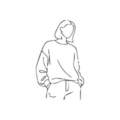 Minimalist Woman Outline Drawing. A contemporary monochrome depiction of a short-haired individual in casual attire, hands in pockets. This abstract artwork evokes calm anonymity and modern style.
