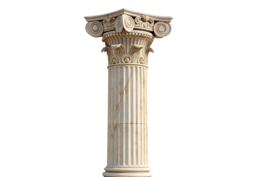 Ancient Greek ionic column with intricate scrolls and fluted design on black background