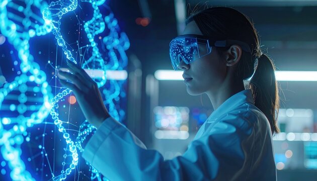 Woman wearing VR glasses touching DNA molecule model in laboratory