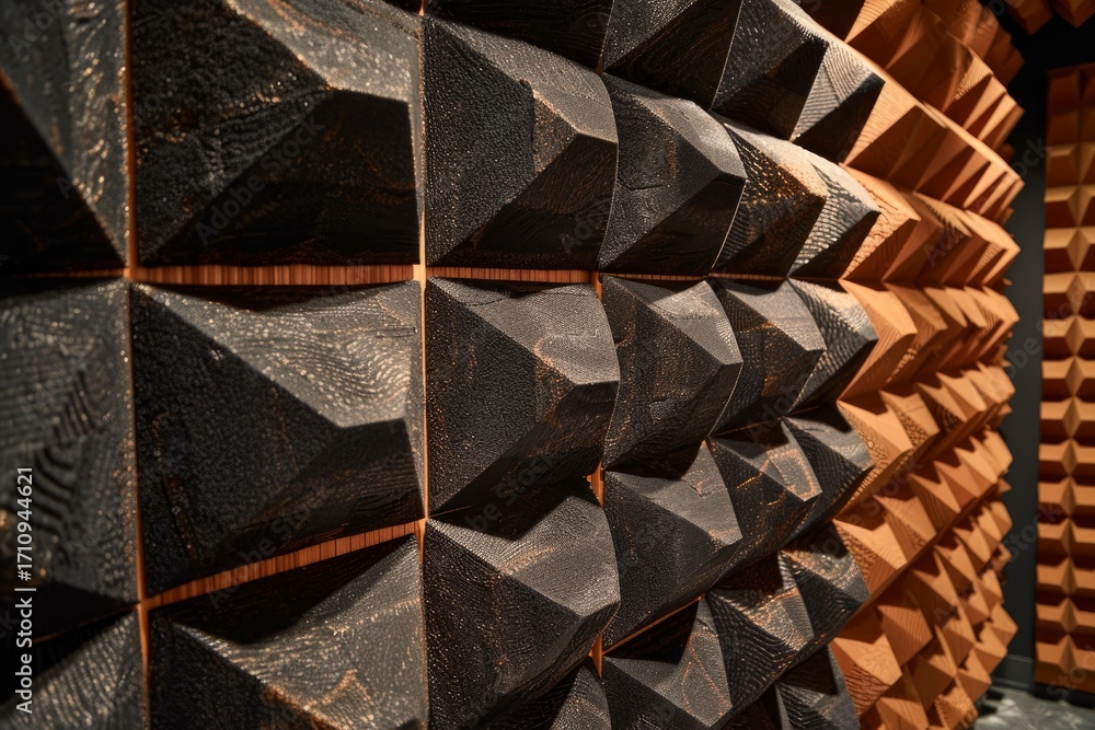 Poster geometric pattern providing sound insulation on a wall, creating a unique and modern interior design
