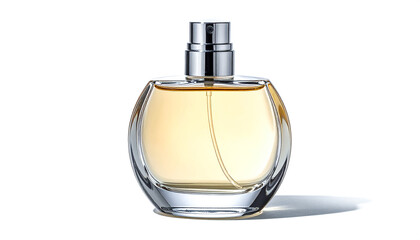 Round perfume bottle with silver cap and pale fragrance liquid (alternate view)