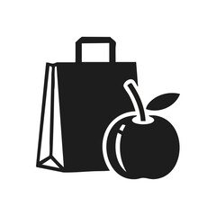 Healthy Food Shopping Bag and Apple. This simple emblem illustrates a retail sack and wholesome produce, signifying good diet and fresh eating. Perfect for lifestyle and nourishment concepts.