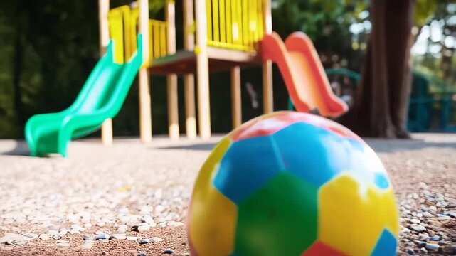 Vibrant ball meandering through an empty playground under the warm sunlight, evoking feelings of solitude from childhood past or faded recollections