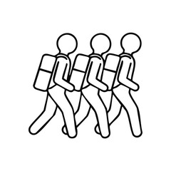 People with Backpacks Journey Forward. Minimalist illustration shows three individuals carrying rucksacks, advancing in a line. It symbolizes unity, education, and collective progression.