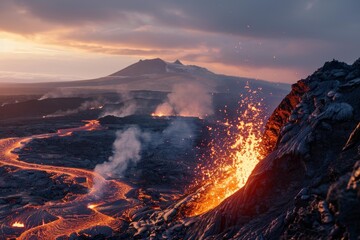 Dramatic landscape of an erupting volcano spewing molten lava and smoke at sunset