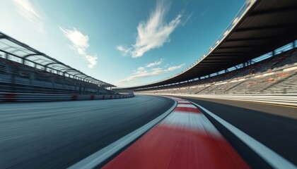 Race track with stadium seats under blue sky with clouds. Motion blur suggests speed and excitement of motorsport event. Grandstand view of asphalt circuit.