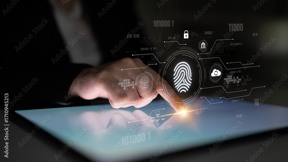 Poster biometric fingerprint identification and cybersecurity system ensuring secure access, identity verif