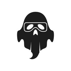 Mysterious Goggled Phantom Symbol. A black spectral entity wears protective eyewear. This eerie design represents digital anonymity, cyber threats, or a stealthy spirit. Ideal for gaming or tech.