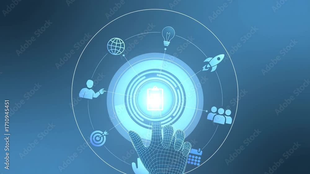 Poster future innovation: a digital hand engages with a futuristic holographic interface, sparking creativi