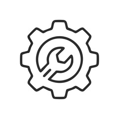 System Settings and Tools Icon. Abstract graphic depicting a cogwheel and a spanner, symbolizing configuration, maintenance, and technical support. Ideal for software or service adjustments.
