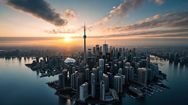 Aerial View of a City at Sunset, Overhead shot of Toronto cityscape surrounded by Lake Ontario, AI Generated