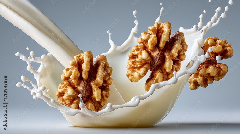 Poster a bowl of milk with walnuts floating in it. the walnuts are scattered throughout the milk, creating 