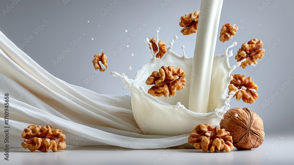 Poster a bowl of milk with walnuts floating in it. the milk is splashing out of the bowl, creating a sense 