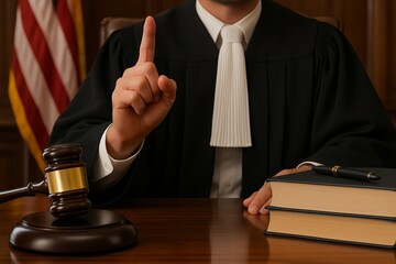 Judge raising finger while seated at desk with gavel and books  