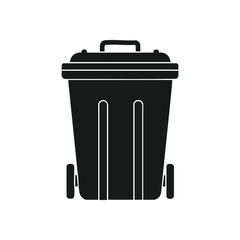 Black Waste Bin Icon Graphic Design. Clean vector artwork of a wheeled rubbish container. Represents discarding items, effective waste management, and environmental care for a cleaner planet.
