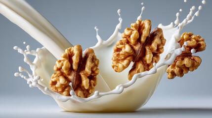 A bowl of milk with walnuts floating in it. The walnuts are scattered throughout the milk, creating a sense of movement and energy. The image conveys a feeling of freshness and vitality