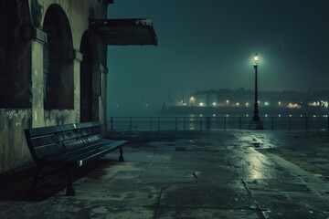 Empty bench sits on a desolate harbor at night, illuminated by a lone streetlight and shrouded in fog