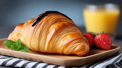 A croissant with chocolate and strawberries on a plate next to a glass of orange juice. The plate is on a wooden table