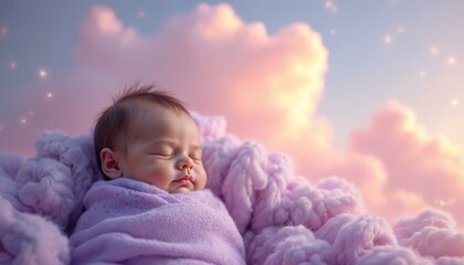 Peaceful newborn baby sleeps soundly wrapped in soft purple blanket. Tiny infant rests on fluffy pink clouds under dreamy sky with sparkling lights. Cute baby enjoys calm nap in magical cloud dream