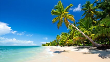 Tropical beach paradise with palm trees and turquoise water under blue sky