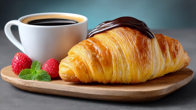 A croissant with chocolate sauce and strawberries on a wooden board next to a cup of coffee - Powered by Adobe